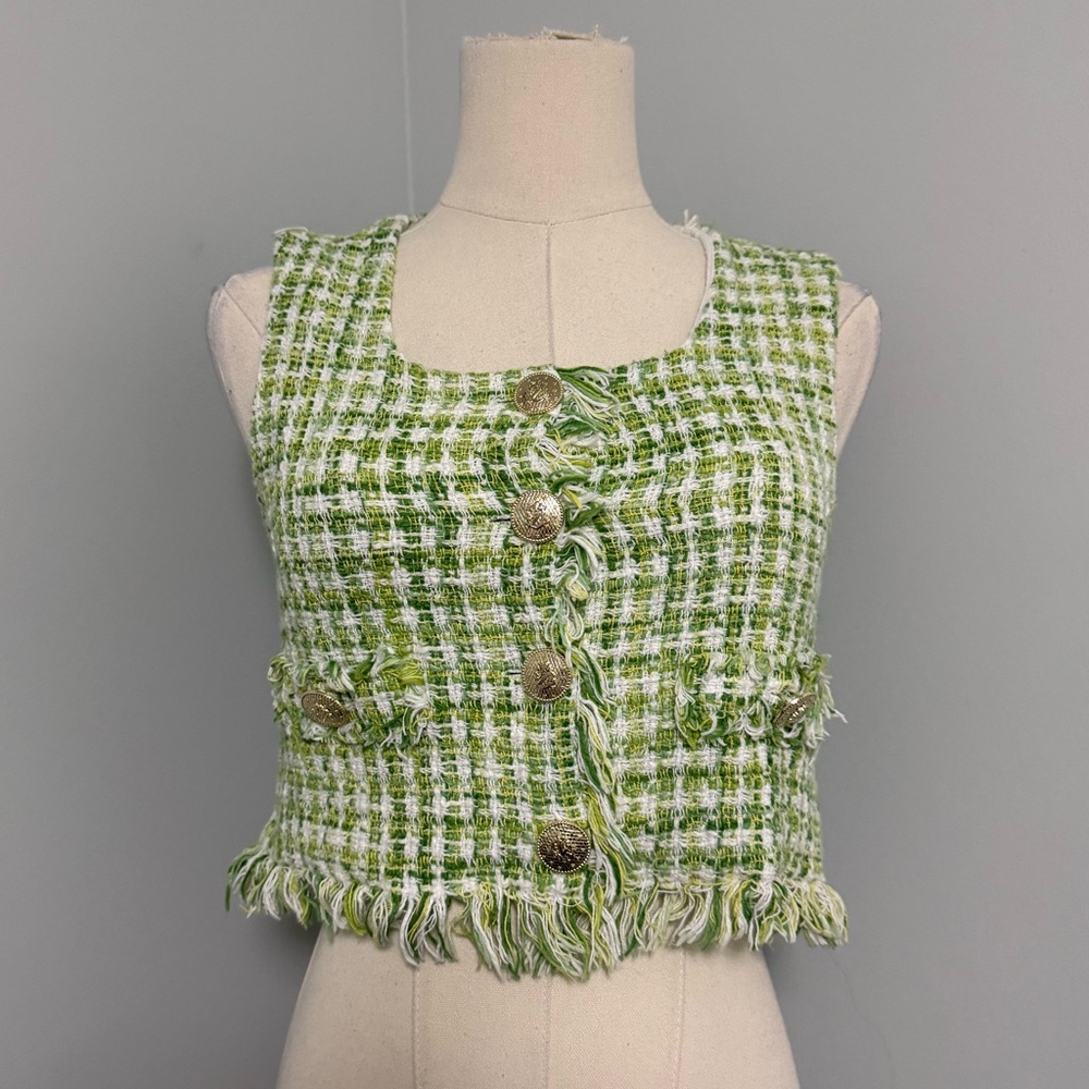 ZARA Tweed Vest Womens Small Green White Cropped Fringe Button Preppy Top